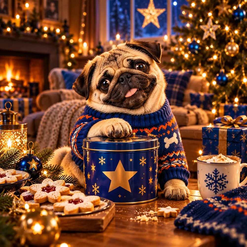 Mopslík Bobík ve vánočním svetru s tlapkou na plechovce cukroví